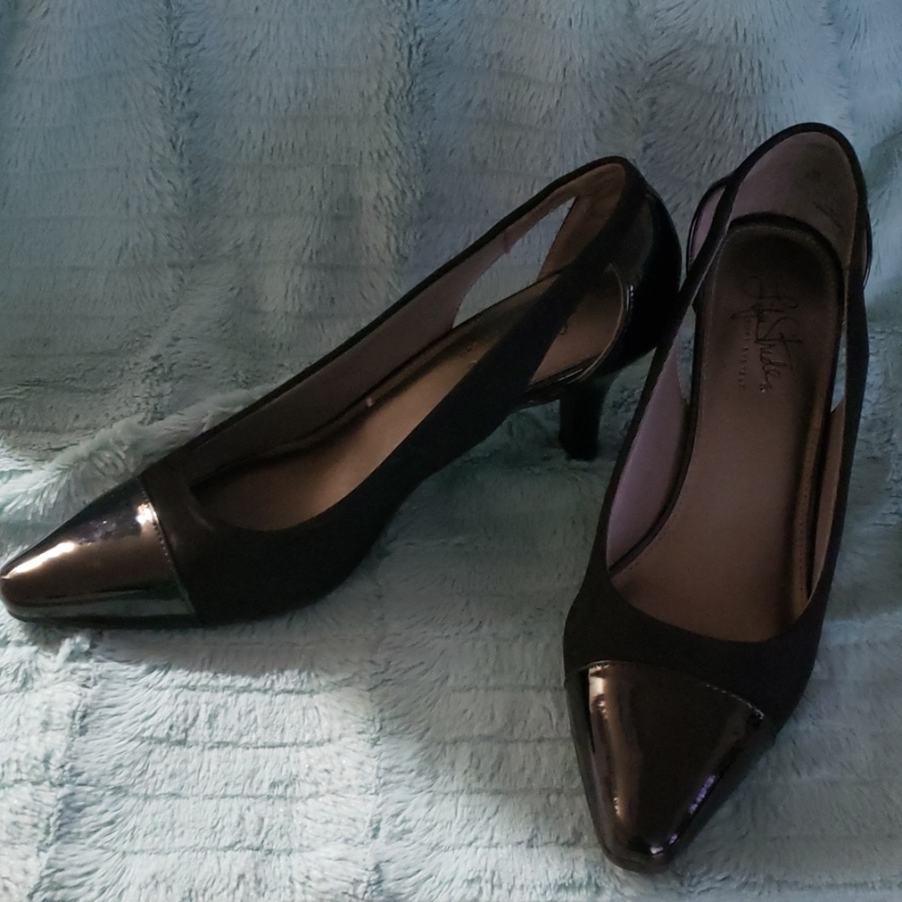Black suede side heels